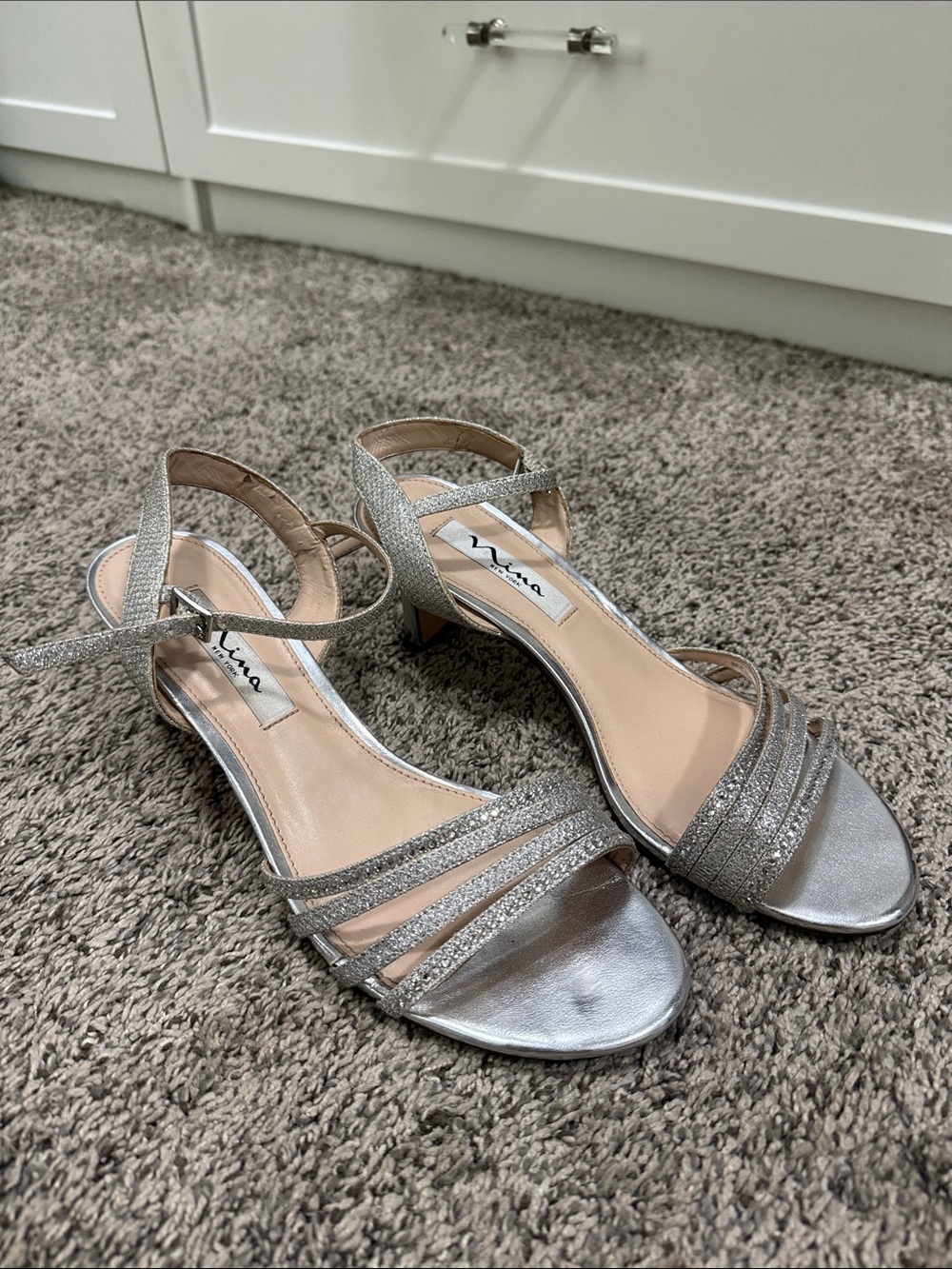 Nina Silver Glitter Strappy Mid Heel Sandals